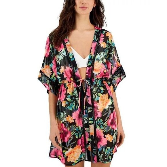 Miken Sm Swimwear Cover-up Ladder-Trim Drawstring-Waist Caftan Kimono Swimsuit - Picture 3 of 5